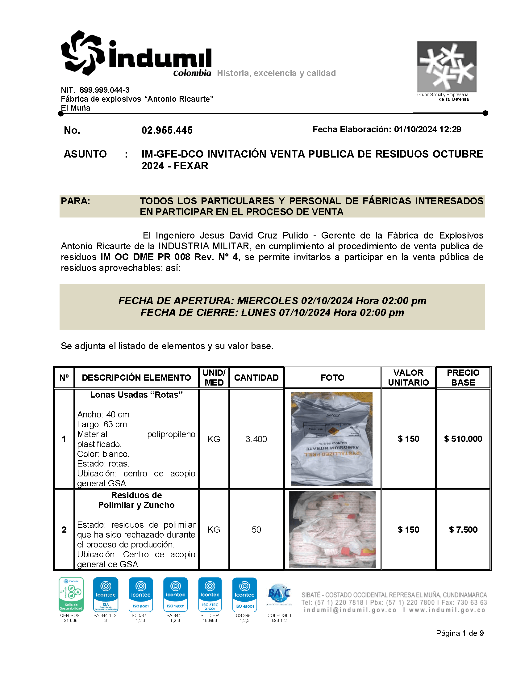 Documento invitación a venta pública de residuos
