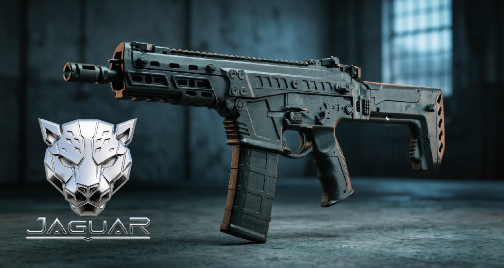 Fusil de asalto negro con culata plegable y cargador, junto al logotipo metálico de un jaguar.
