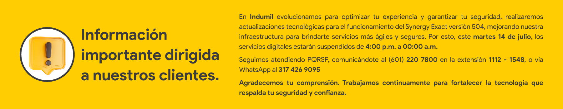 Banner Informativo - Mantenimiento de la página web - Gerencia de Tecnologías de la Información INDUMIL